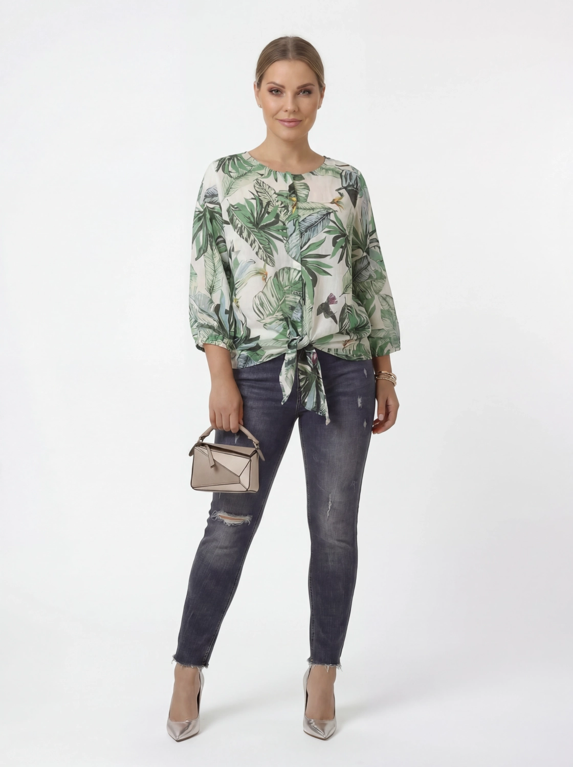 Set premium: tropikalna bluzka, jeansy i sweter rozm. 42
