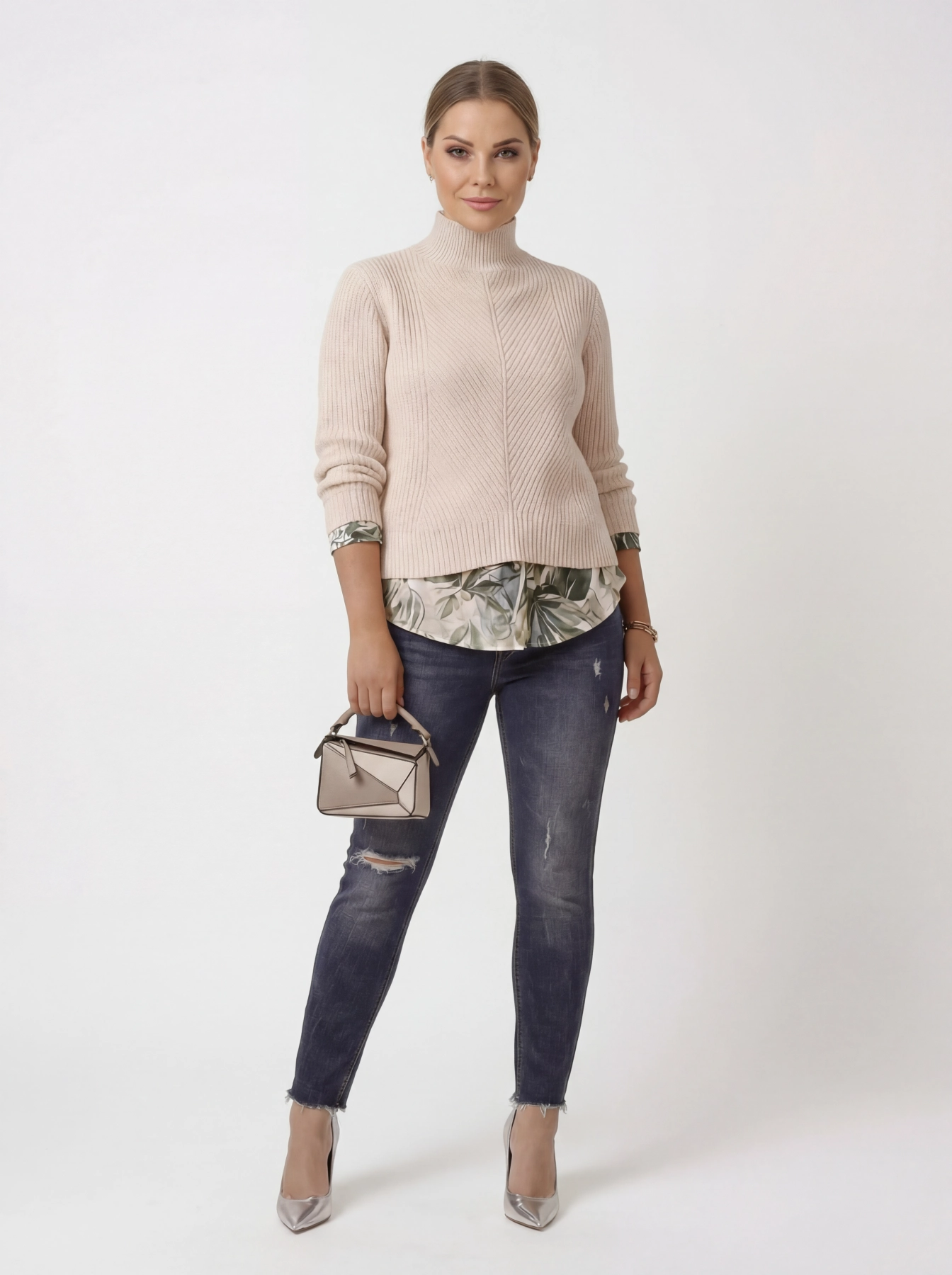 Set premium: tropikalna bluzka, jeansy i sweter rozm. 42