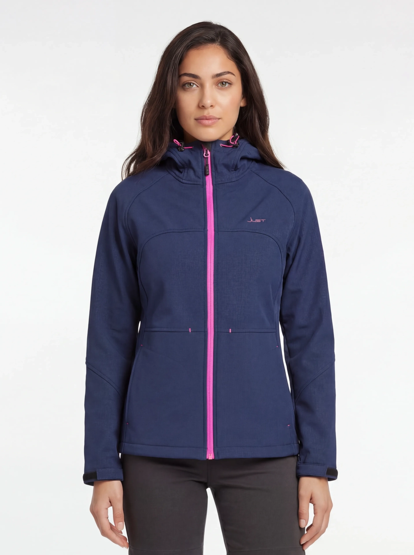 Granatowa kurtka softshell Just z różowymi detalami