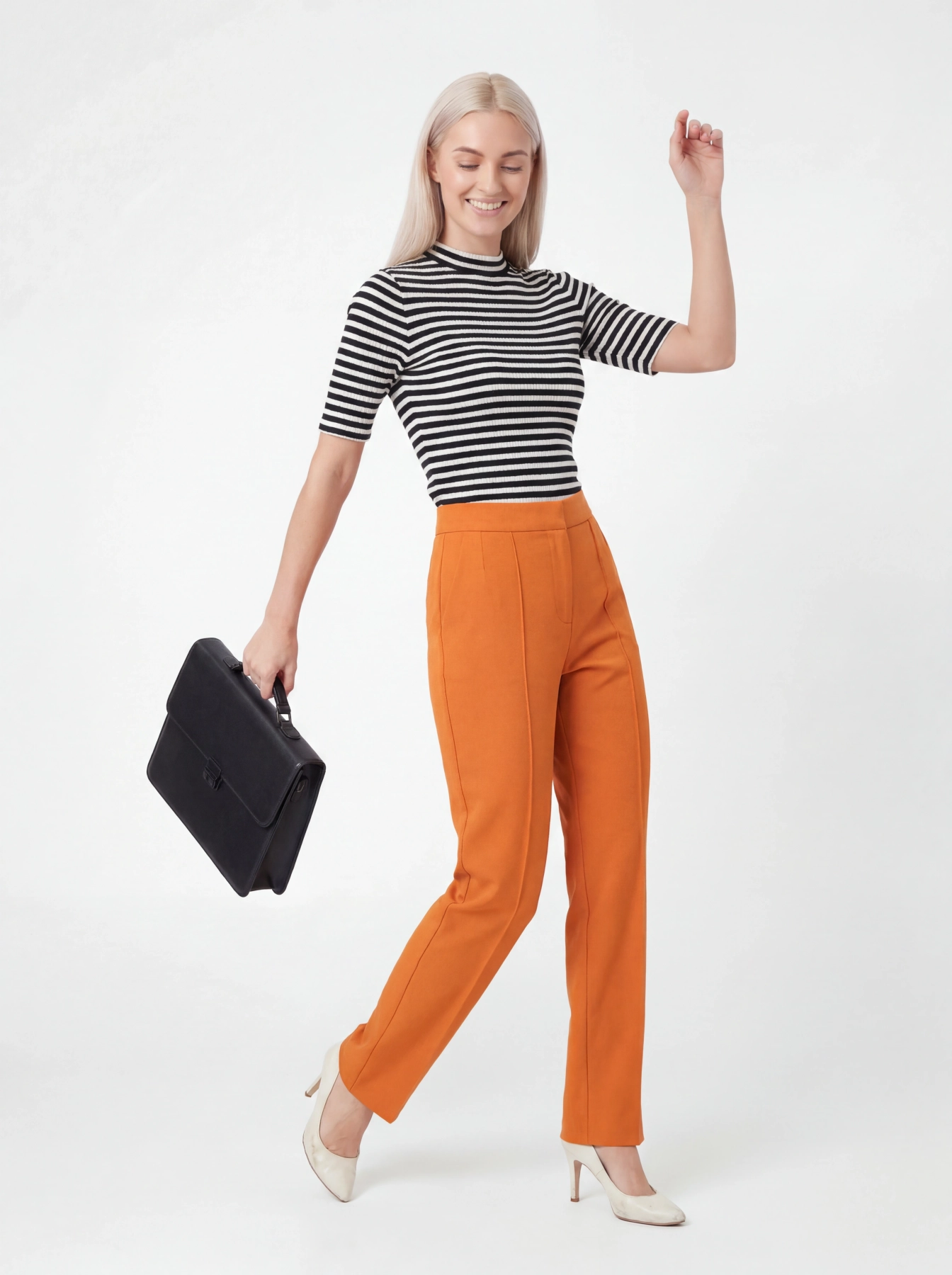 Stylowy zestaw damski składający się z prążkowanej bluzki Massimo Dutti oraz eleganckich pomarańczowych spodni Reserved z wysokim stanem