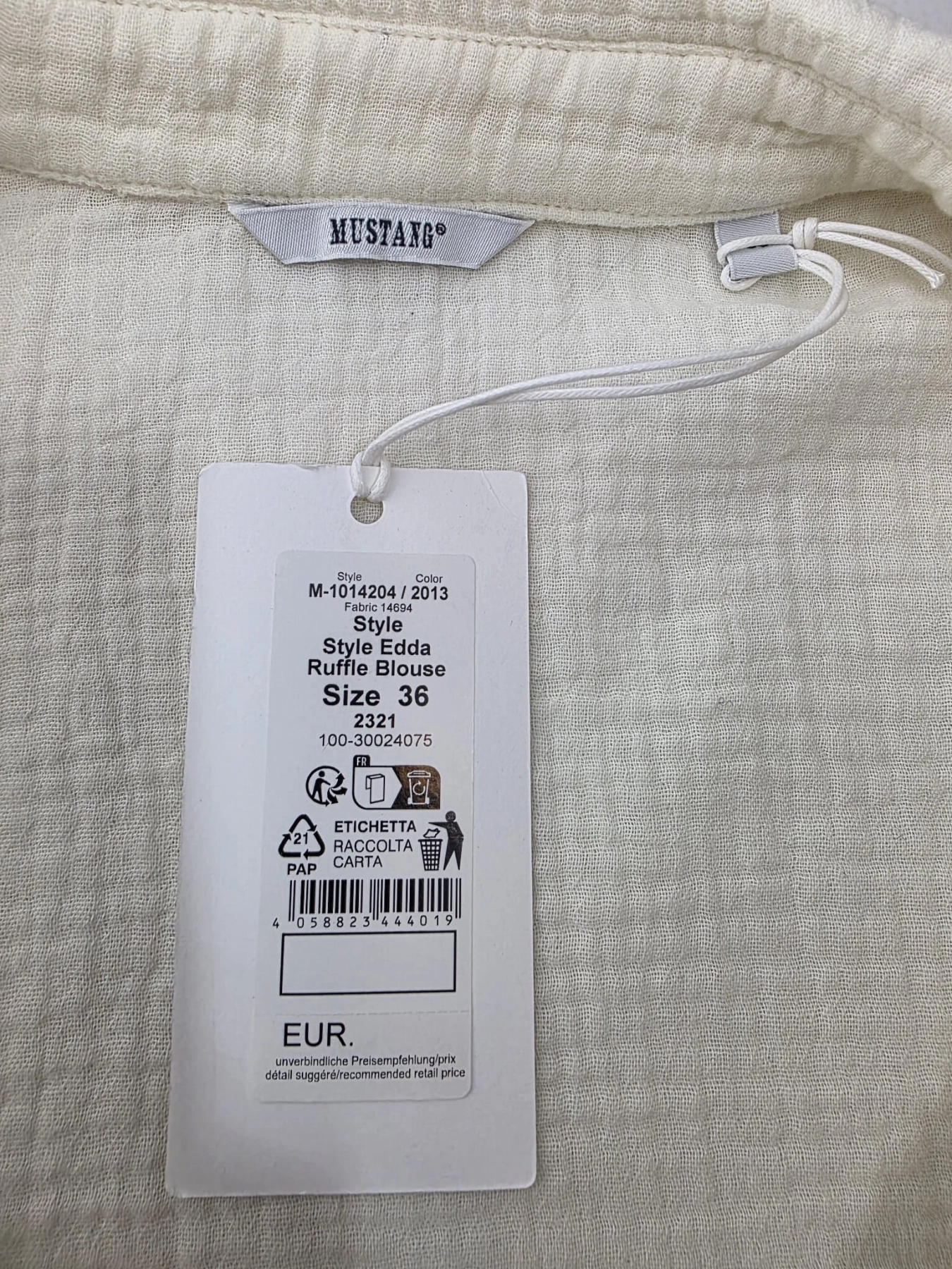 Bawełniana koszula Mustang Style Edda Ruffle Blouse w kolorze kremowym, rozmiar 36