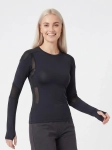 Damska czarna bluzka sportowa Cardio Bunny XS z transparentnymi wstawkami i otworami na kciuki.