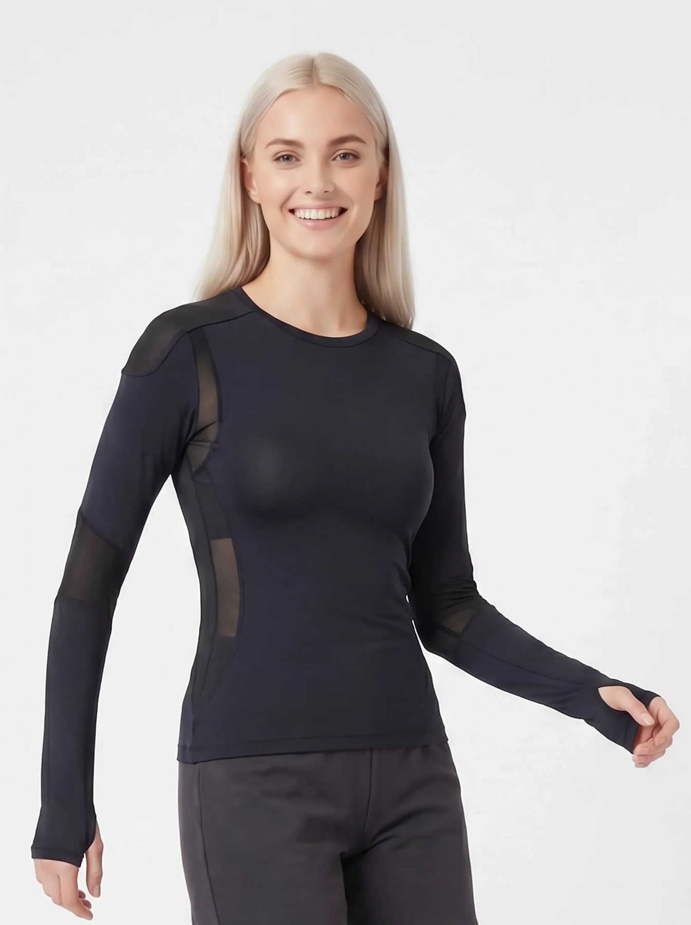 Damska czarna bluzka sportowa Cardio Bunny XS z transparentnymi wstawkami i otworami na kciuki.