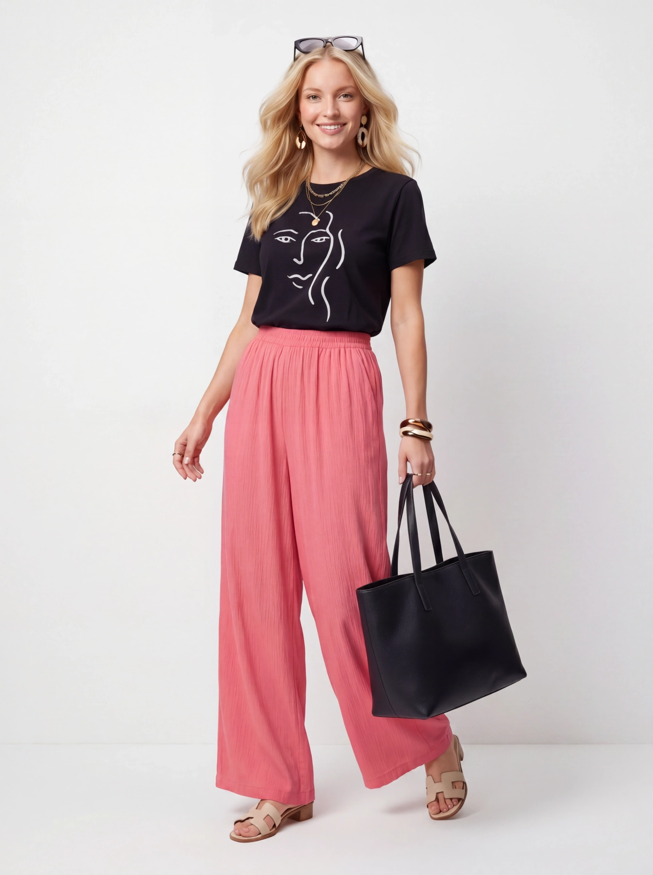 Ekskluzywny komplet damski składający się z bawełnianego t-shirtu Zara z modnym haftem oraz szerokich malinowych spodni Bershka high waist, idealny do letnich, streetwearowych stylizacji premium