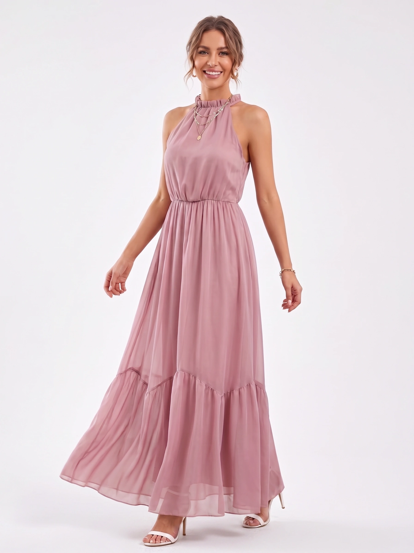 Elegancki komplet damski premium składający się z różowej sukienki maxi z dekoltem halter oraz żakardowej, taliowanej marynarki Zara Basic