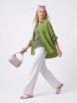 Kompletna stylizacja damska premium składająca się z lnianych spodni Bershka, bawełnianej bluzki Solar oraz limonkowej koszuli Catwalk Junkie