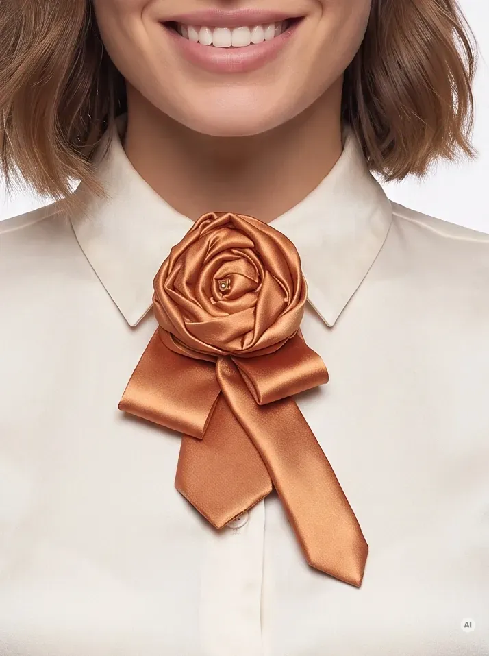 Ręcznie robiona broszka krawatowa w kształcie satynowej róży to elegancki dodatek do koszuli, który optycznie smukli sylwetkę i podkreśla wyjątkowy, kobiecy styl