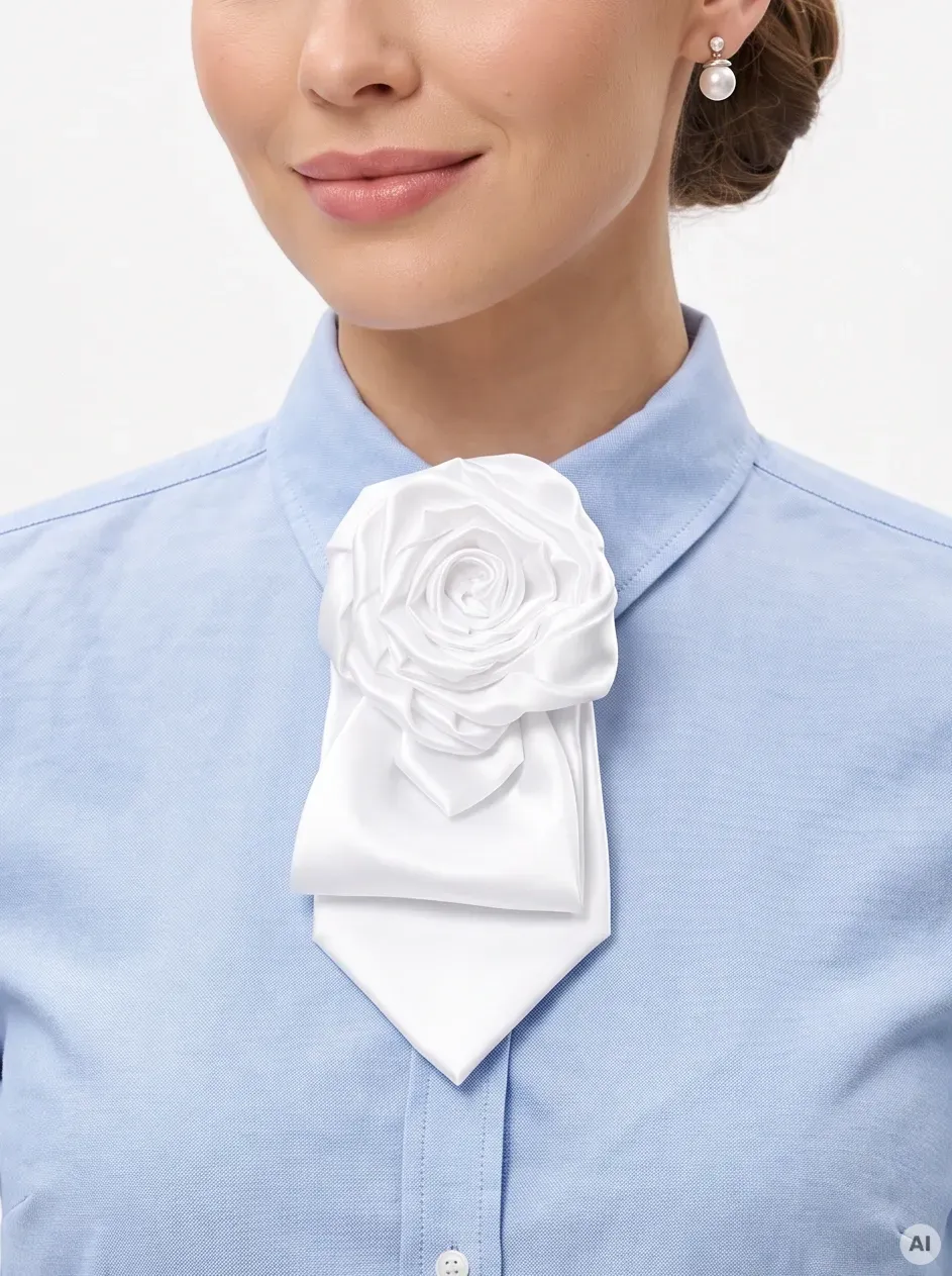 Elegancja w nowoczesnym wydaniu - biała damska broszka krawatowa, satynowa z efektowną różyczką idealnie dopełni wizytową lub wieczorową stylizację. Ręcznie robiona!