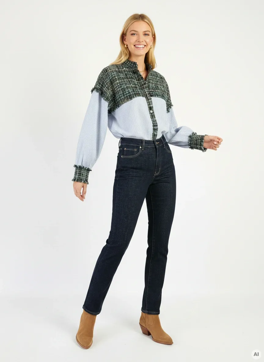 Komplet damski złożony z designerskiej koszuli w paski z tweedowym akcentem oraz oryginalnych jeansów Levi’s Premium świetnie podkreśla kobiecą sylwetkę, gwarantując styl i codzienny komfort