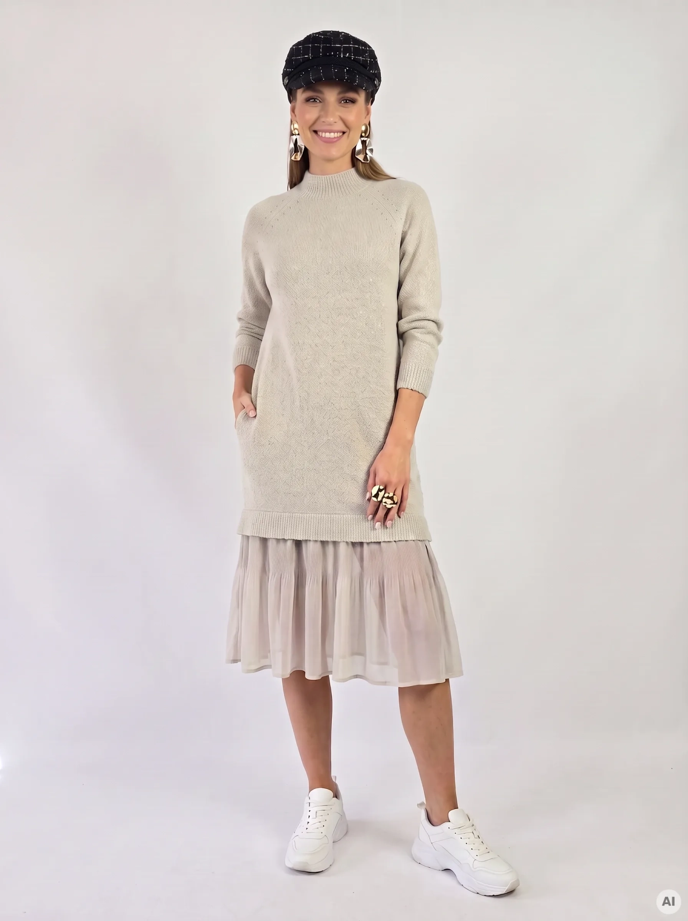 Kobieca, beżowa sukienka dzianinowa marki Reserved z plisowanym, zwiewnym dołem doskonale łączy komfort z eleganckim, nowoczesnym stylem