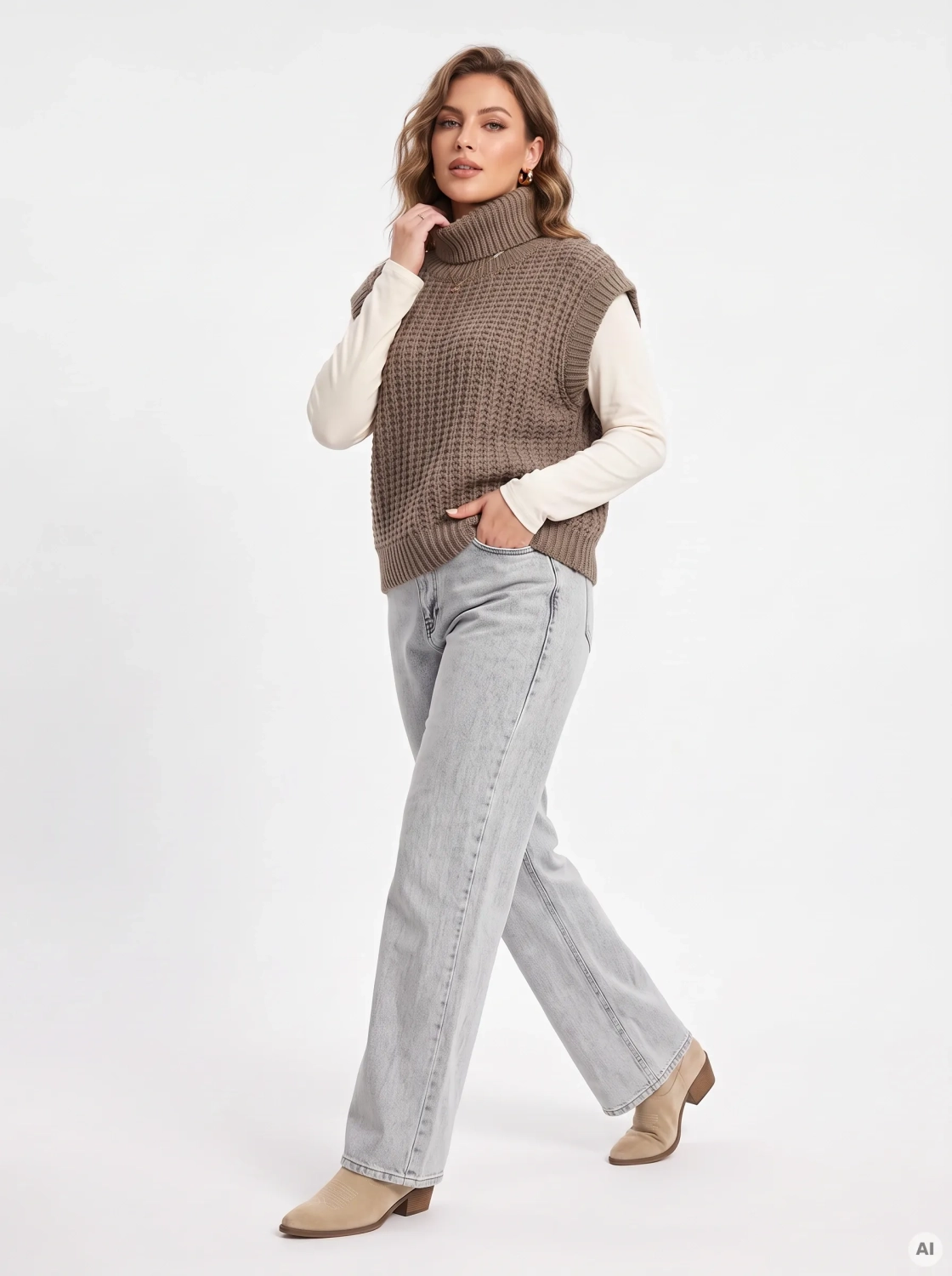 Damski komplet stylizacyjny z wełnianą kamizelką z alpaką MSCH Copenhagen, klasycznym longsleevem oraz szarymi jeansami z szeroką nogawką Never Denim