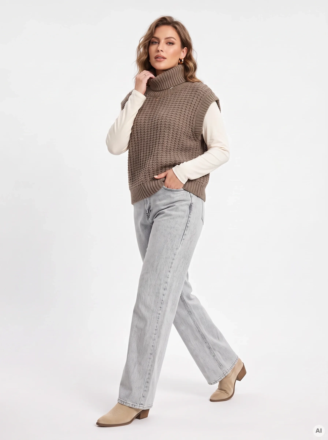 Damski komplet stylizacyjny z wełnianą kamizelką z alpaką MSCH Copenhagen, klasycznym longsleevem oraz szarymi jeansami z szeroką nogawką Never Denim