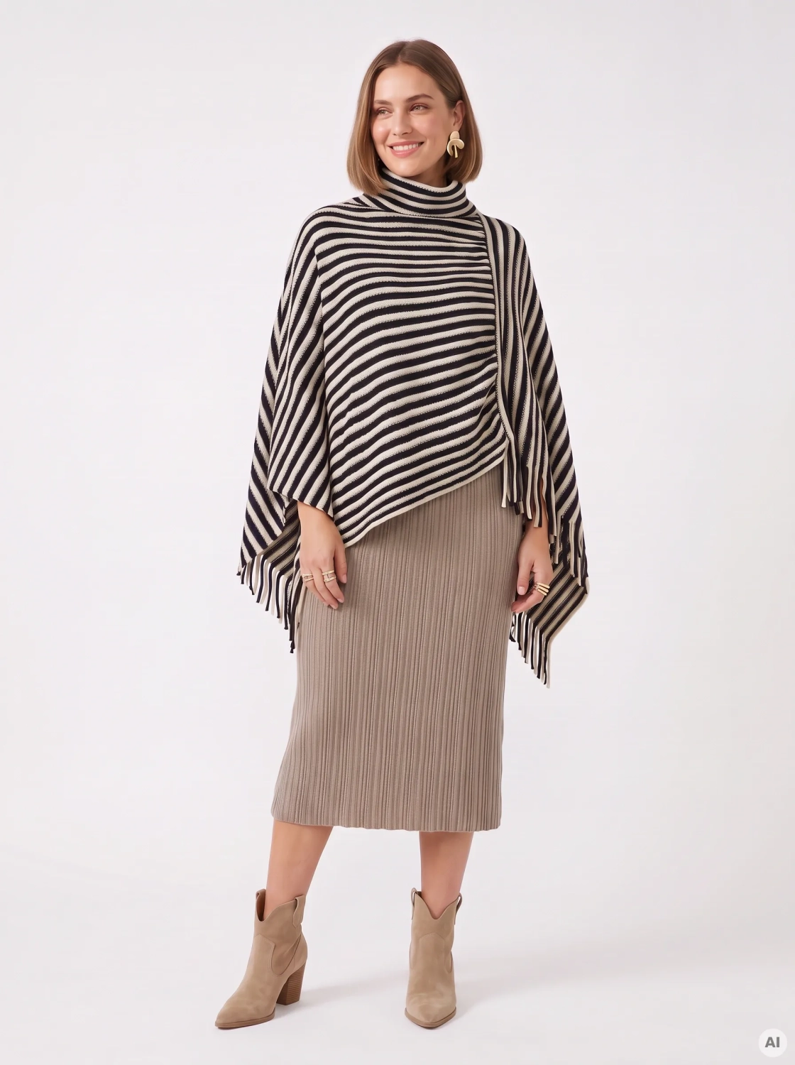 Elegancki zestaw kobiecy premium z czarną bluzką Simple, wełnianą prążkowaną spódnicą midi Claudia Sträter oraz dzianinowym ponczo w paski, idealny na chłodniejsze dni