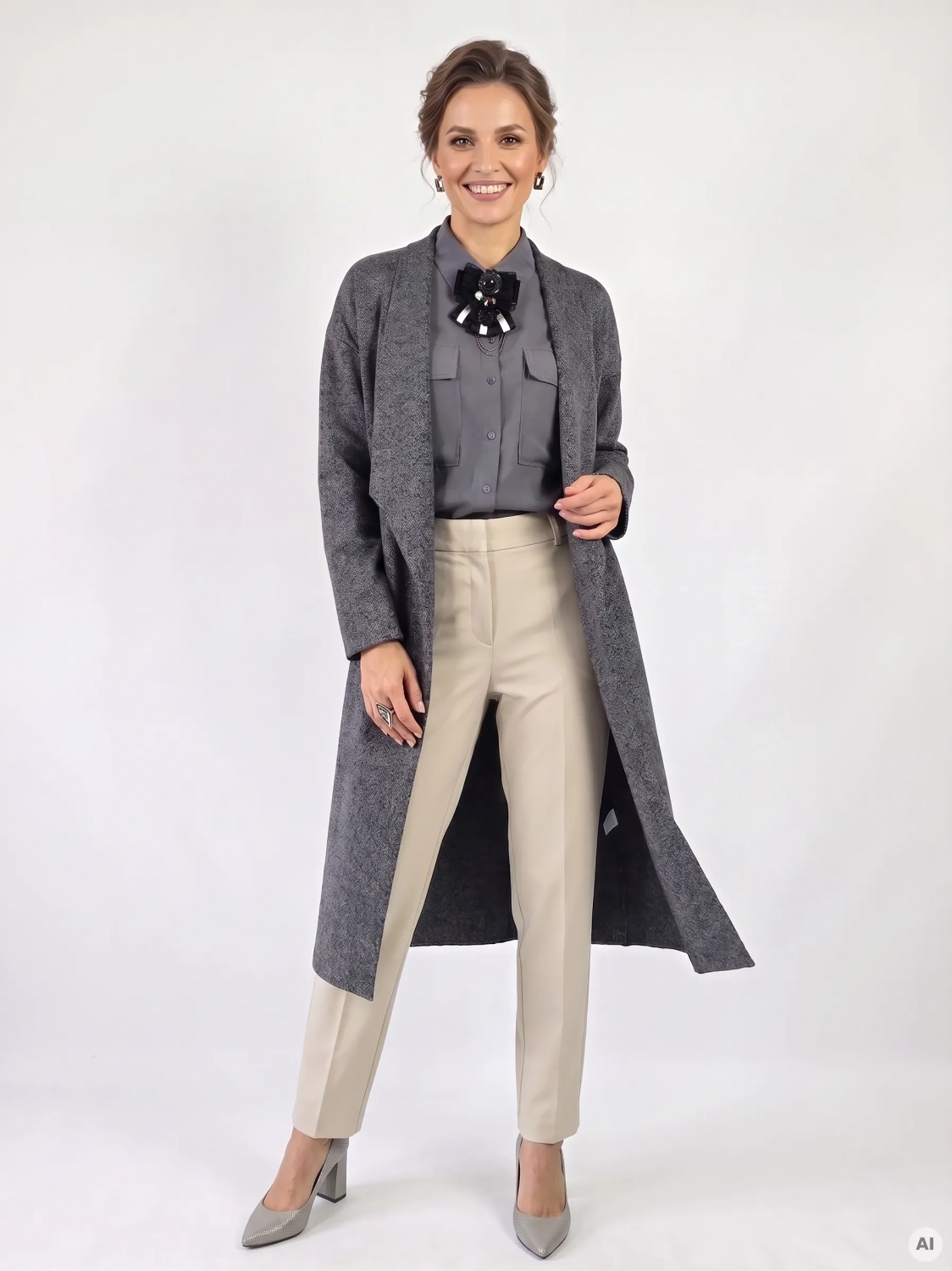 Elegancki komplet damski ze szarym kardiganem Zara Knit, koszulą Tom Tailor, spodniami oraz ozdobną broszką to stylowa stylizacja na co dzień i do pracy