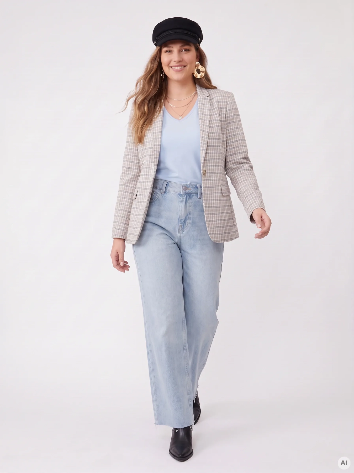 Kompletna damska stylizacja premium składająca się z marynarki w kratkę, t-shirtu Tommy Hilfiger z dekoltem V oraz jeansów Zara z wysokim stanem