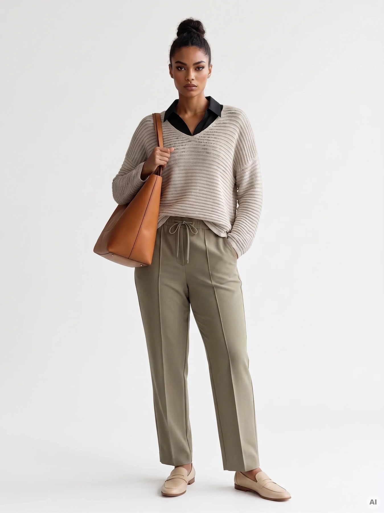 Stylowy komplet damski składający się z czarnej bluzki Simple, luźnego swetra Carla F. oraz eleganckich spodni Selected/Femme z wysokim stanem