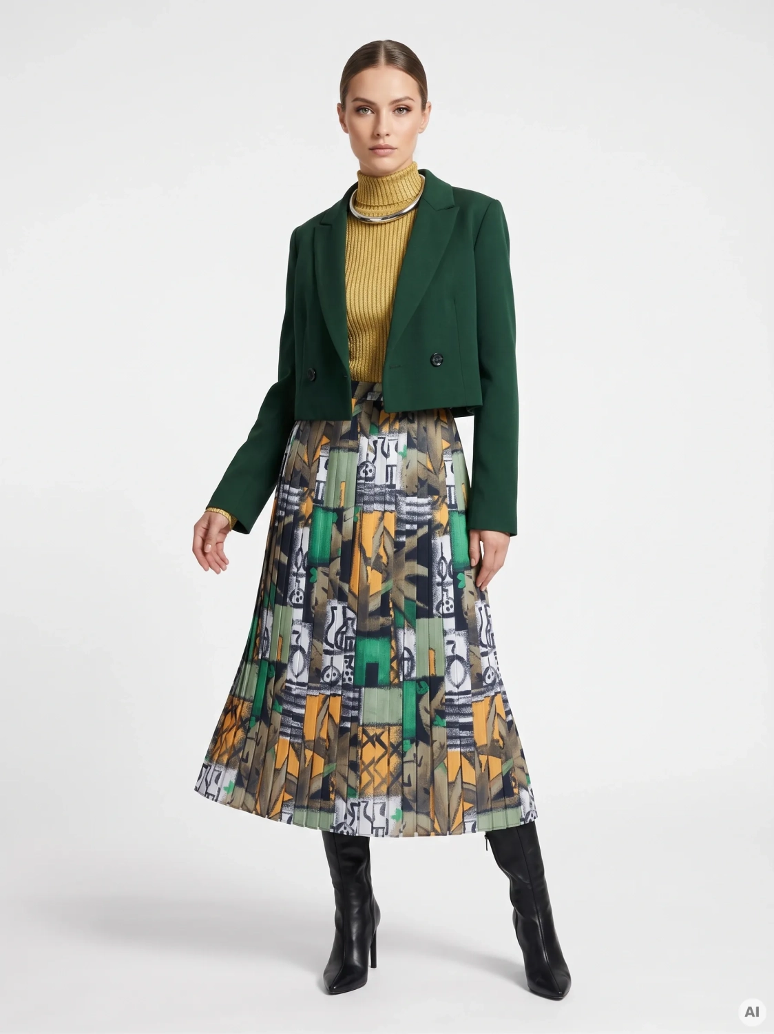 Skomponowany przez naszą stylistkę zestaw ze spódnicą midi Lotos, zielonym żakietem ONLY oraz złotym półgolfem Lindex to wyrazista stylizacja vintage premium ze srebrnym naszyjnikiem w komplecie