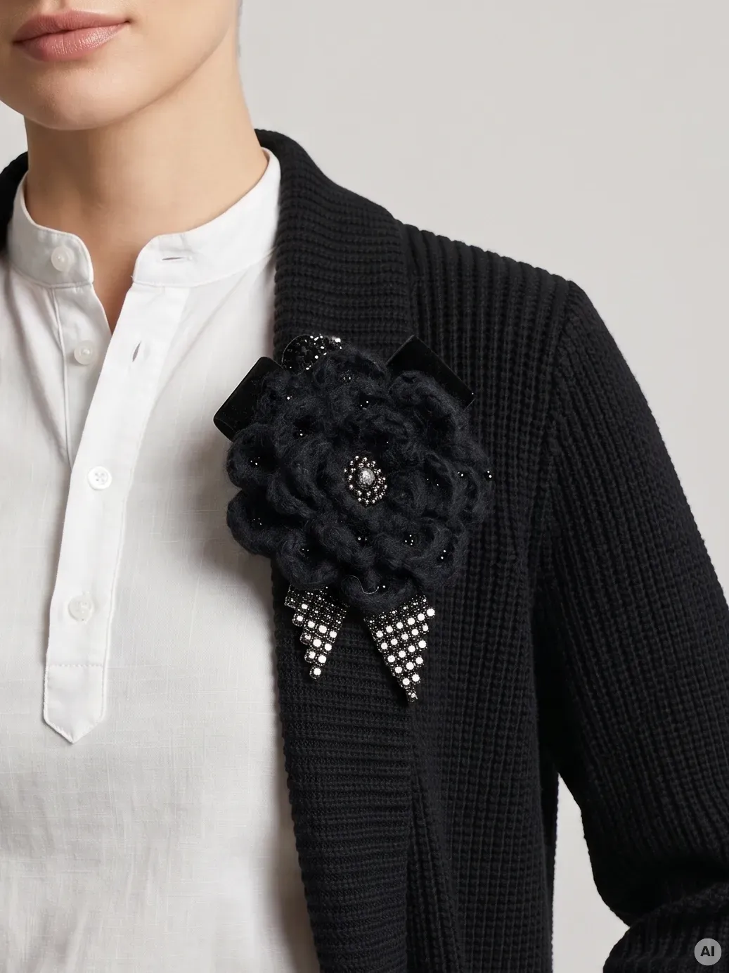 Stylowy komplet damski skomponowany przez stylistkę, składający się z długiego kardiganu Niumi, białej bluzki oraz jasnych spodni G-Star RAW z broszką