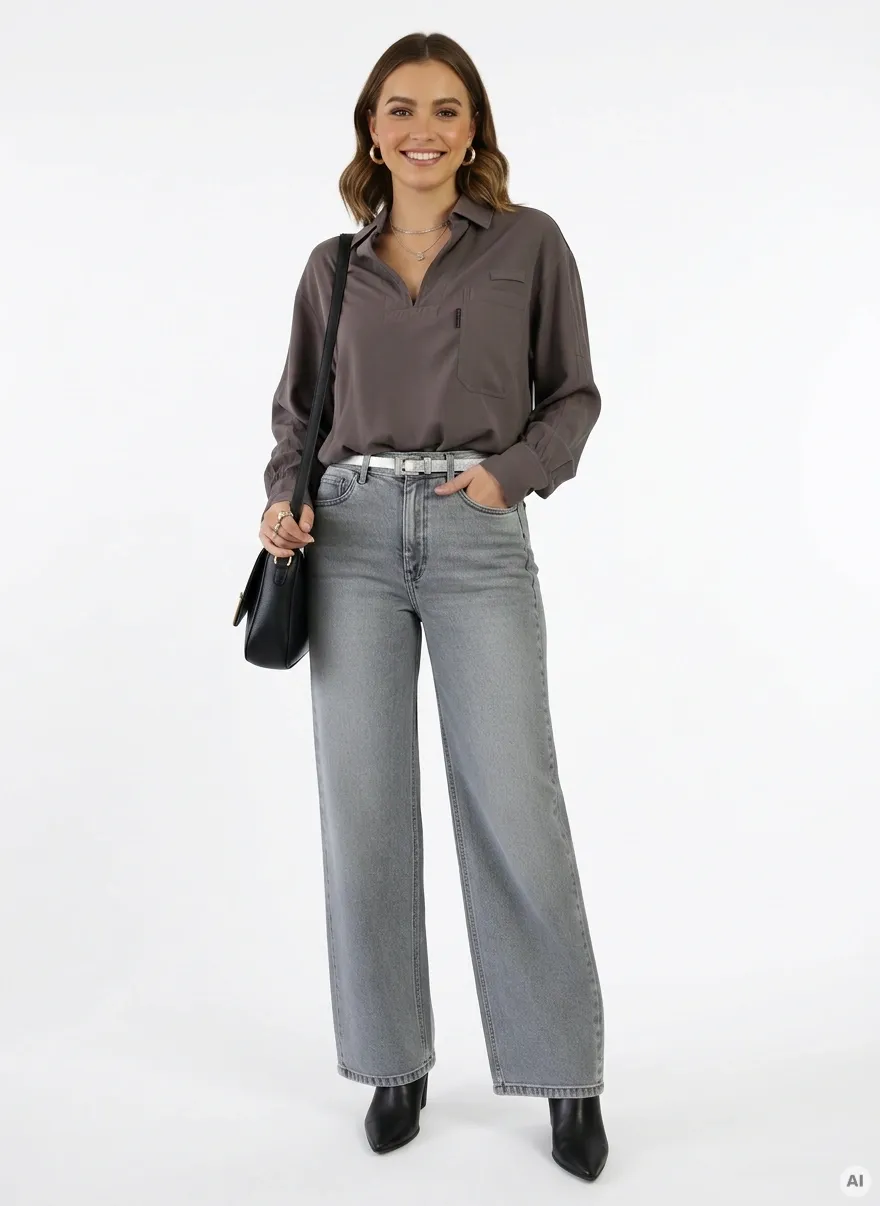 Damski komplet casualowy składający się z luźnej bluzki G-Star RAW oraz szarych jeansów wide leg marki ONLY