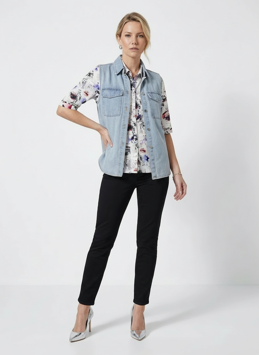Koszula MOHITO, jeansowa kamizelka H&amp;amp;M oraz granatowe spodnie PRIMARK