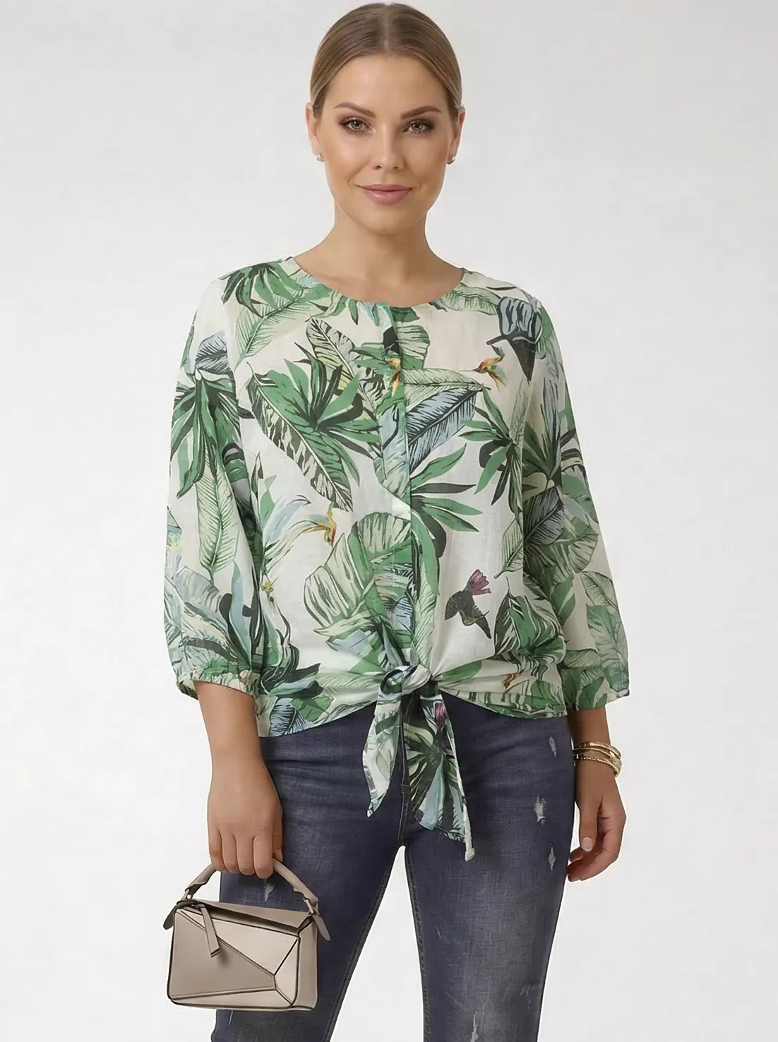 Set premium: tropikalna bluzka, jeansy i sweter rozm. 42